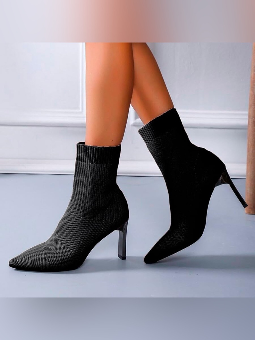 Mix No. 6 d Desirae black ribbed knit sock booty with pointed toe high stiletto